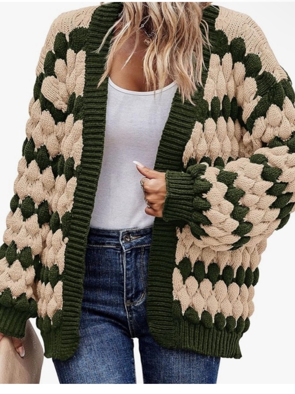 NWT-Kirundo Open Front Striped Loose Cable Knit Sweater Size Large Green/Cream